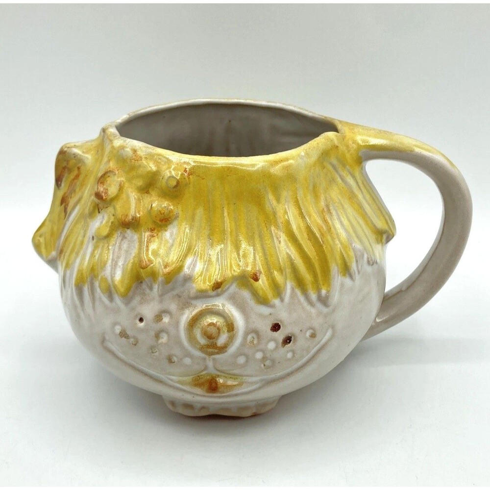 Vtg Mid Century 1969 Pacific Stoneware Pottery Shaggy Dog Puppy Face Mug Planter